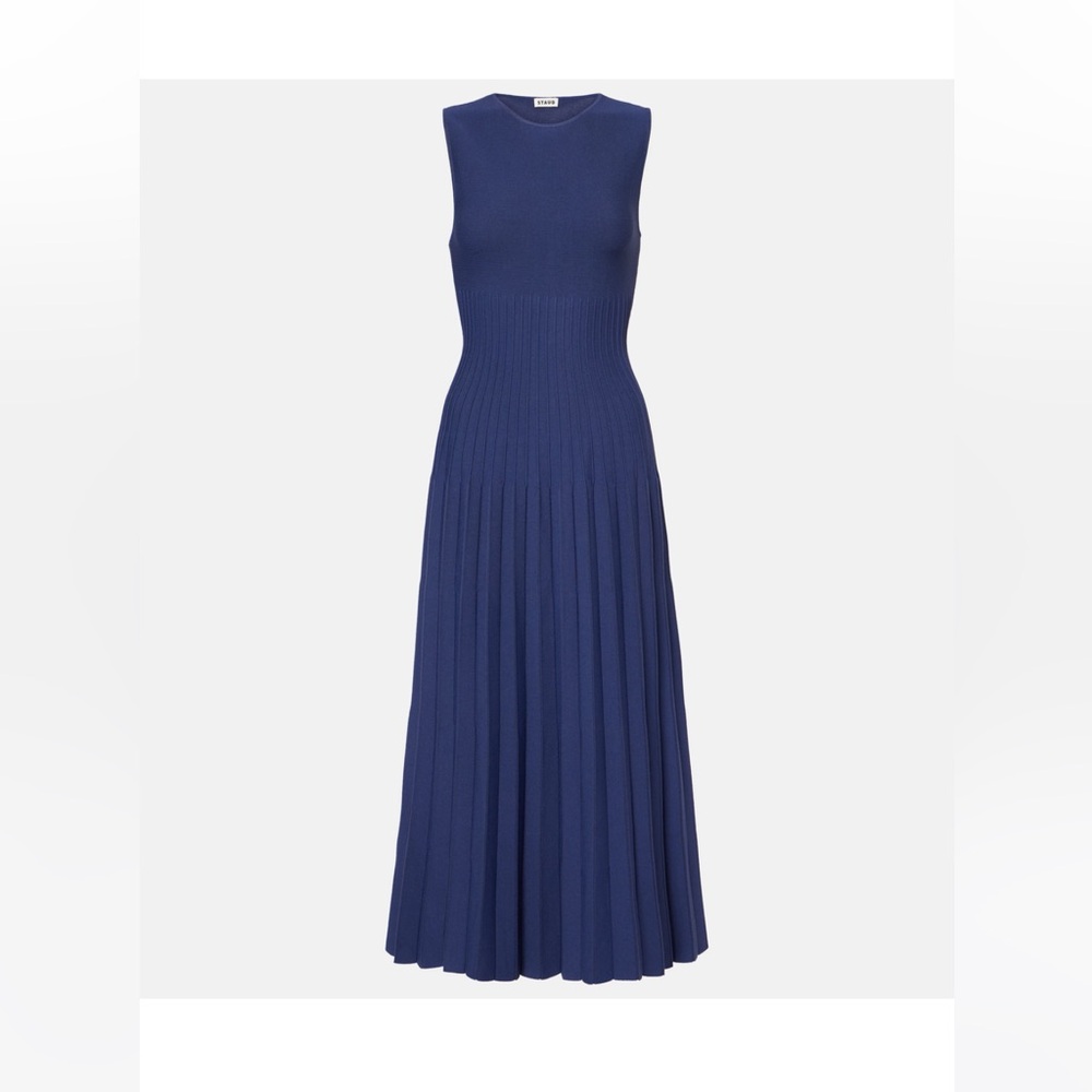 STAUD Royal Blue Pleated Midi Dress (Elyse Dress)
